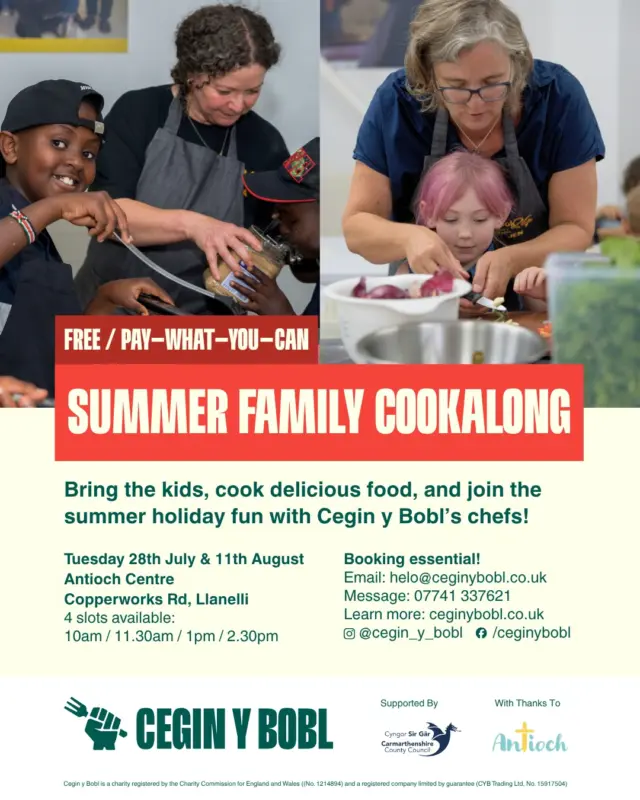 Summer holiday fun in Llanelli, Carmarthenshire ☀️ Share this to spread the word 🍅

Bring the kids, cook delicious food and join the summer holiday fun with Cegin y Bobl’s chefs!

Dewch â’r plant, coginiwch fwyd blasus ac ymunwch â hwyl gwyliau’r haf gyda chogyddion Cegin y Bobl!

🗓️ Tuesday 28th July or 11th August
📍 @theantiochcentre, Llanelli
👉 Sign up: message 07741 337621 or email helo@ceginybobl.co.uk