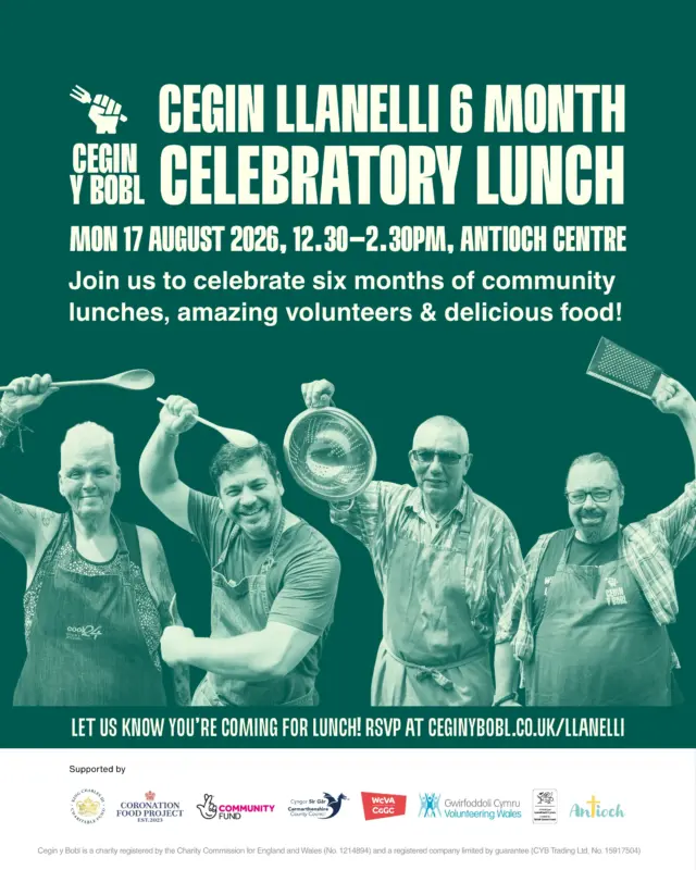 Cegin Llanelli is marking its first six months with a big celebration - and you’re invited! 🎊 Ymunwch â ni i ddathlu chwe mis cyntaf Cegin Llanelli!

Join the team to celebrate the power of great food and community at this important milestone... And what better way to celebrate than with a delicious lunch!

See you there! Make sure to RSVP:

🗓️ Monday 17th August 2026, 12.30-2.30pm
📍 @theantiochcentre, Copperworks Road, Llanelli
🔗 RSVP here: ceginybobl.co.uk/llanelli. Link in bio!

#GetWalesCooking #CeginLlanelli
